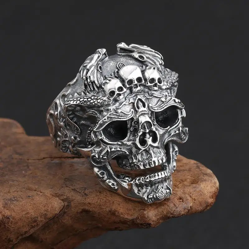 Fashion And Personality, Retro And Domineering Three Skull Ring, Open Mouth Men's Street Punk Hip-Hop Ring Bracelet