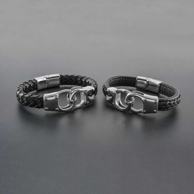 Handcuff Bracelet for Men High Quality Stainless Steel Genuine Leather Couple Bracelet Unique Menottes Bijoux Gift for Him