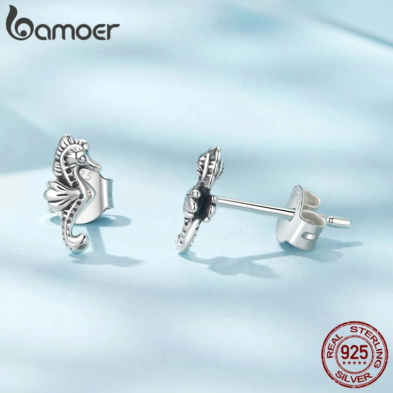 BAMOER 925 Sterling Silver Cute Seahorse Earrings, Small Animal Huggie Stud Earrings Jewelry Gifts for women Teen Girls SCE1871