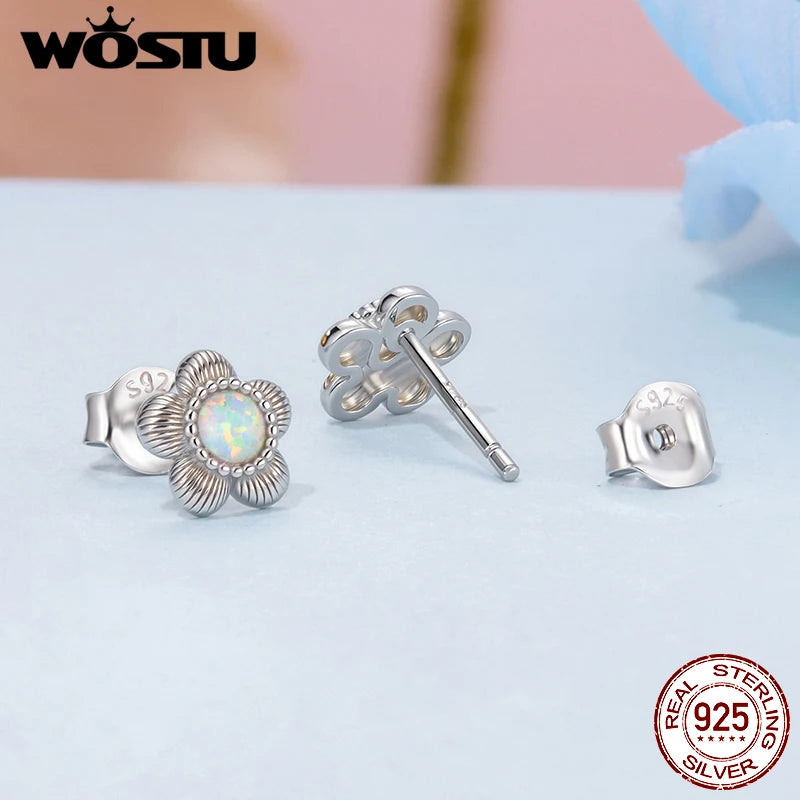 WOSTU 925 Sterling Silver Opal Gems Flower & Bird Open Ring al Flowers Stud Earrings For Women Party Jewelry Set Mom's Family Gi
