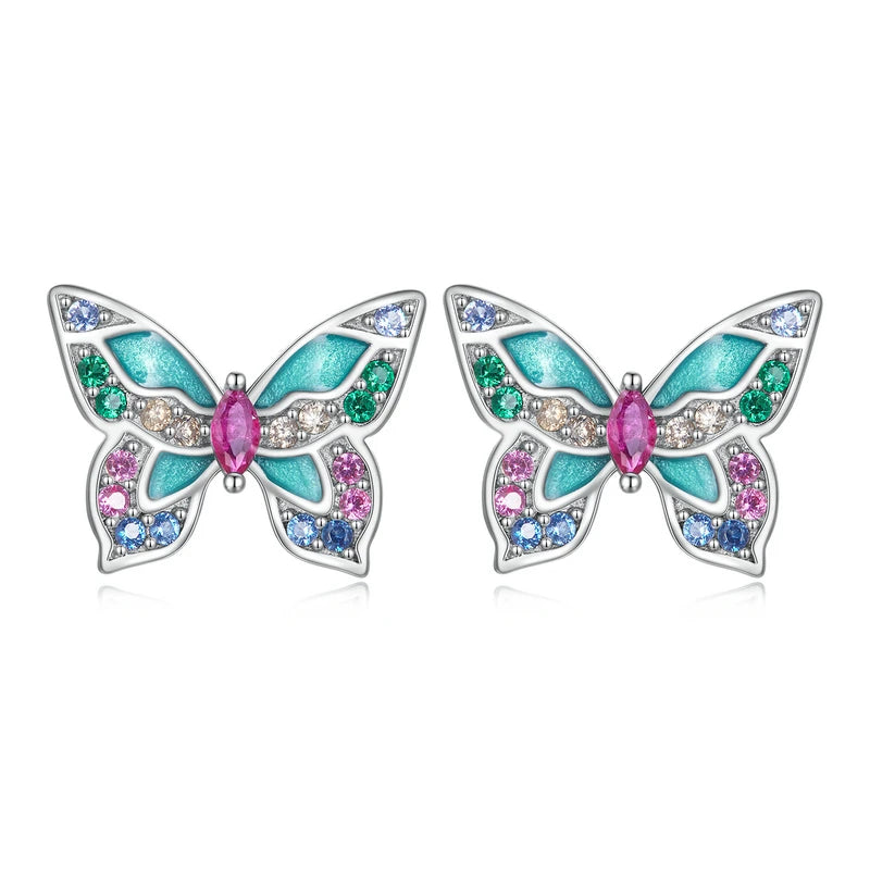 BAMOER 925 Sterling Silver Cute Butterfly Stud Earrings Blue Enamel Insect Earrings for Women Teens Young Lively Jewelry Gift