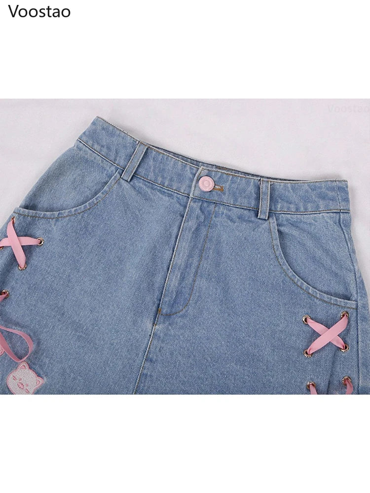 Summer Harajuku Lolita Style Denim Shorts Girly Sweet Cute Cartoon Piggy Embroidery Bow Bandage Short Pants Women Kawaii Jeans