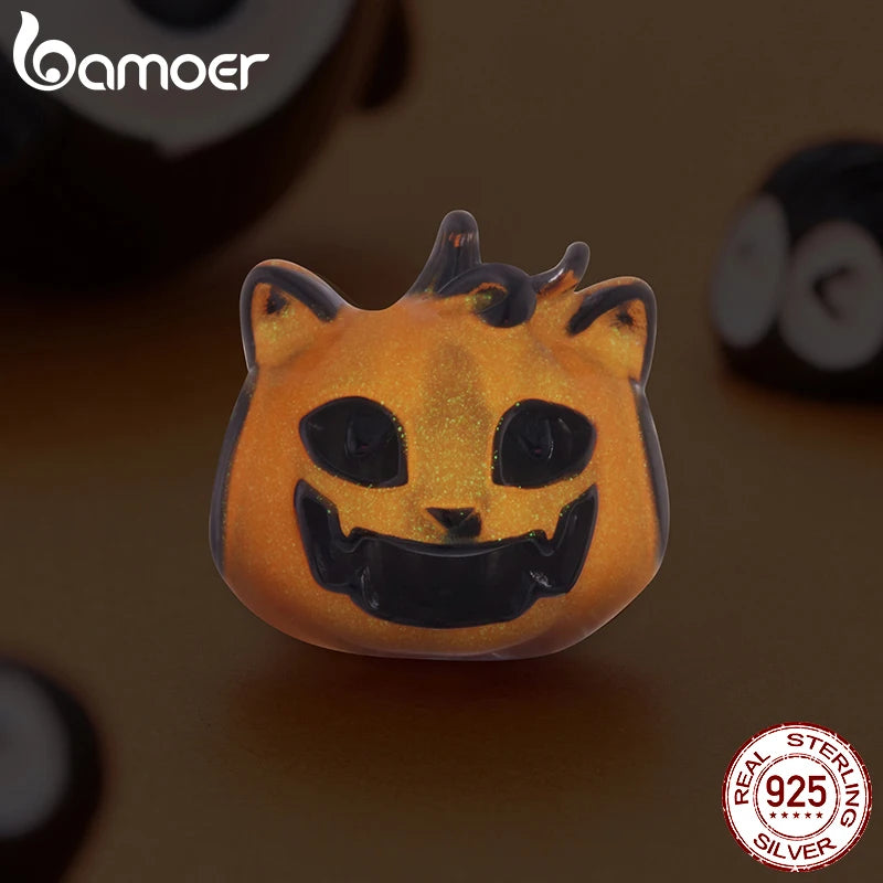 Bamoer 925 Sterling Silver Halloween Pumpkin Charm Magic Crystal Pendant Enamel Luminous Bead for Women DIY Bracelet Accessories