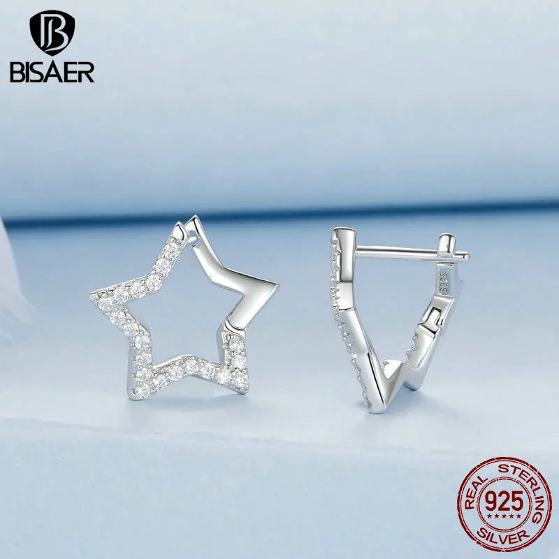 Boucles d'oreilles à tige en argent sterling 925 BISAER en forme d'étoile éblouissante sertie de zircons pavés plaqués or blanc bijoux fins pour femme cadeau de fête