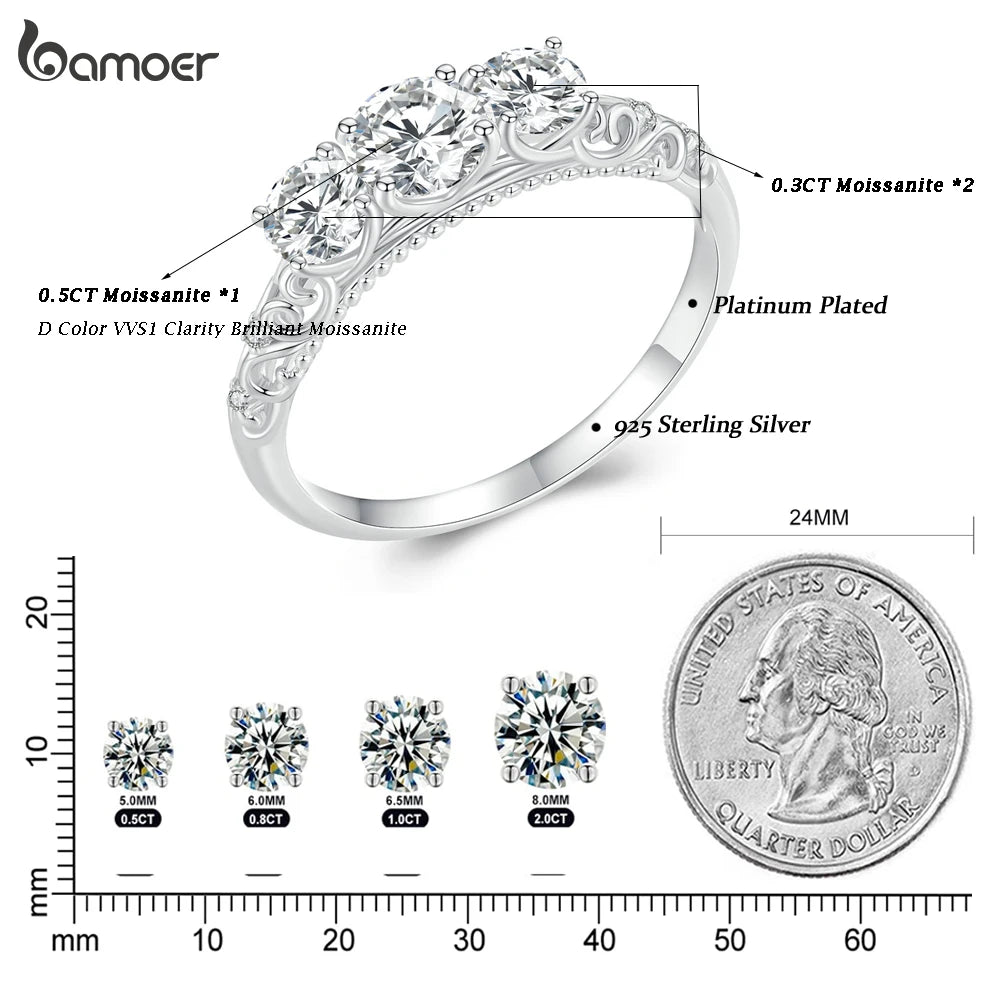 BAMOER 1,1 Karat runder Moissanitring für Damen, weißvergoldeter Verlobungsring aus 925er Sterlingsilber mit D-Farbe und VVS1-Labordiamanten