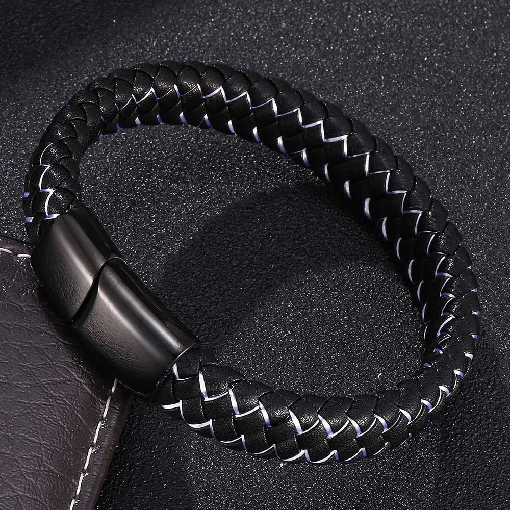 MKENDN Punk Men Braided Genuine Braided Blue Leather Bracelet Black Stainless Steel Magnetic Buckle Bracelet Gifts Homme Pulsera