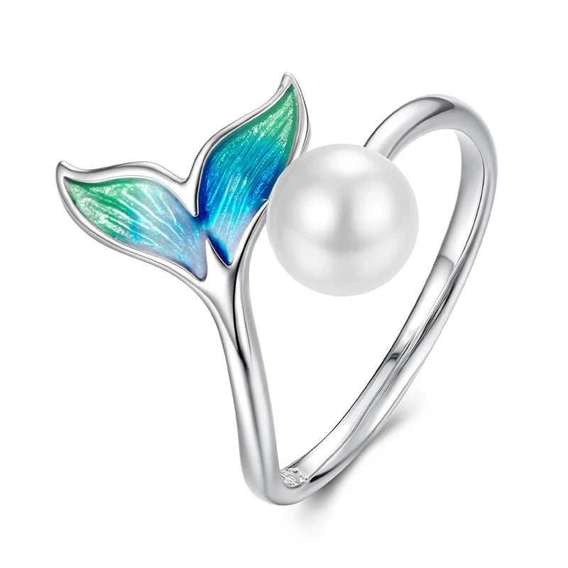 WOSTU Real 925 Sterling Silver Colorful Mermaid Open Ring Ocean For Women Blue Whale Adjustable Rings beach Jewelry Holiday Gift