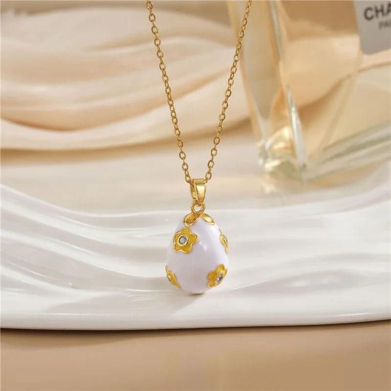 Fashion Easter Egg Enamel Zircon Pendant Necklace Stainless Steel Chains Geometric Choker Jewelry Gifts For Women Girls
