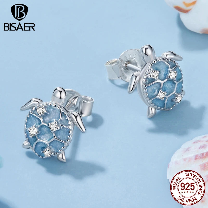 BISAER 925 Sterling Silver Turtle Stud Earrings Bule Enamel Stud Ear Plated White Gold for Women Party Fine Jewelry Holiday Gift