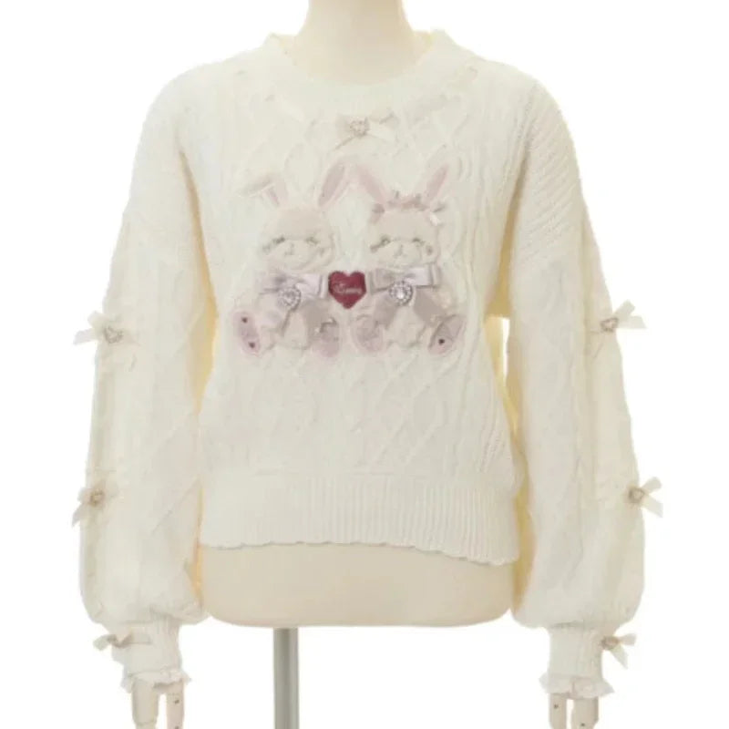 Sweet Lolita Cartoon Plush Bear Bunny Knitted Pullovers Women Harajuku Bow Pearl Ribbon Sweaters Japanese Girls Knitwear Tops - Madeinsea©