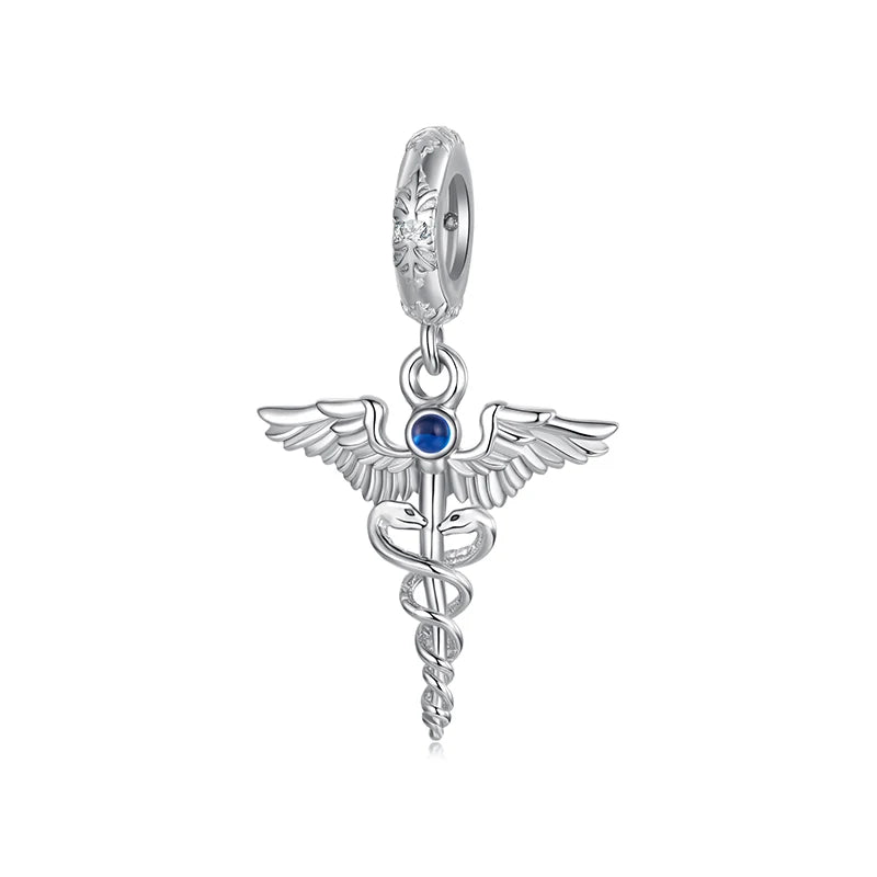 WOSTU Real 925 Sterling Silver Double Snake Caduceus Charm Pendant Fit Bracelet Necklace DIY Jewelry Make Gift for Doctors Nurse