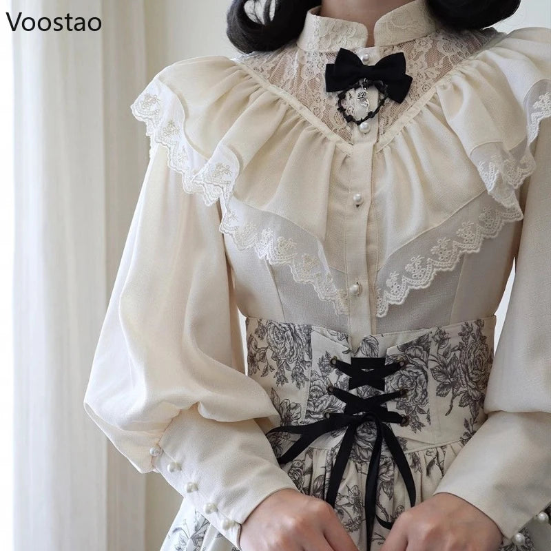 Gothic Y2k Lolita Style Shirts Women Vintage Long Sleeve Princess Blouses Girls Victorian Sweet Lace Ruffles Tops Blusas Mujer