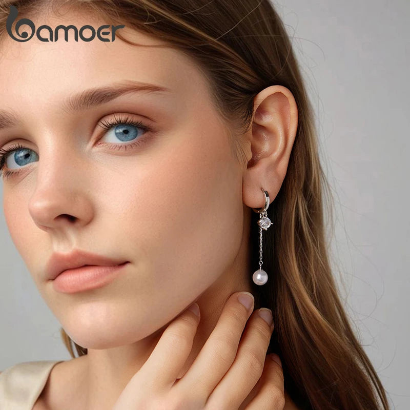 BAMOER 925 Sterling Silber Ohrringe mit gestaffelten Zirkonia-Quasten und runden Perlenohrringen für Damen – Elegantes Weihnachtsgeschenk