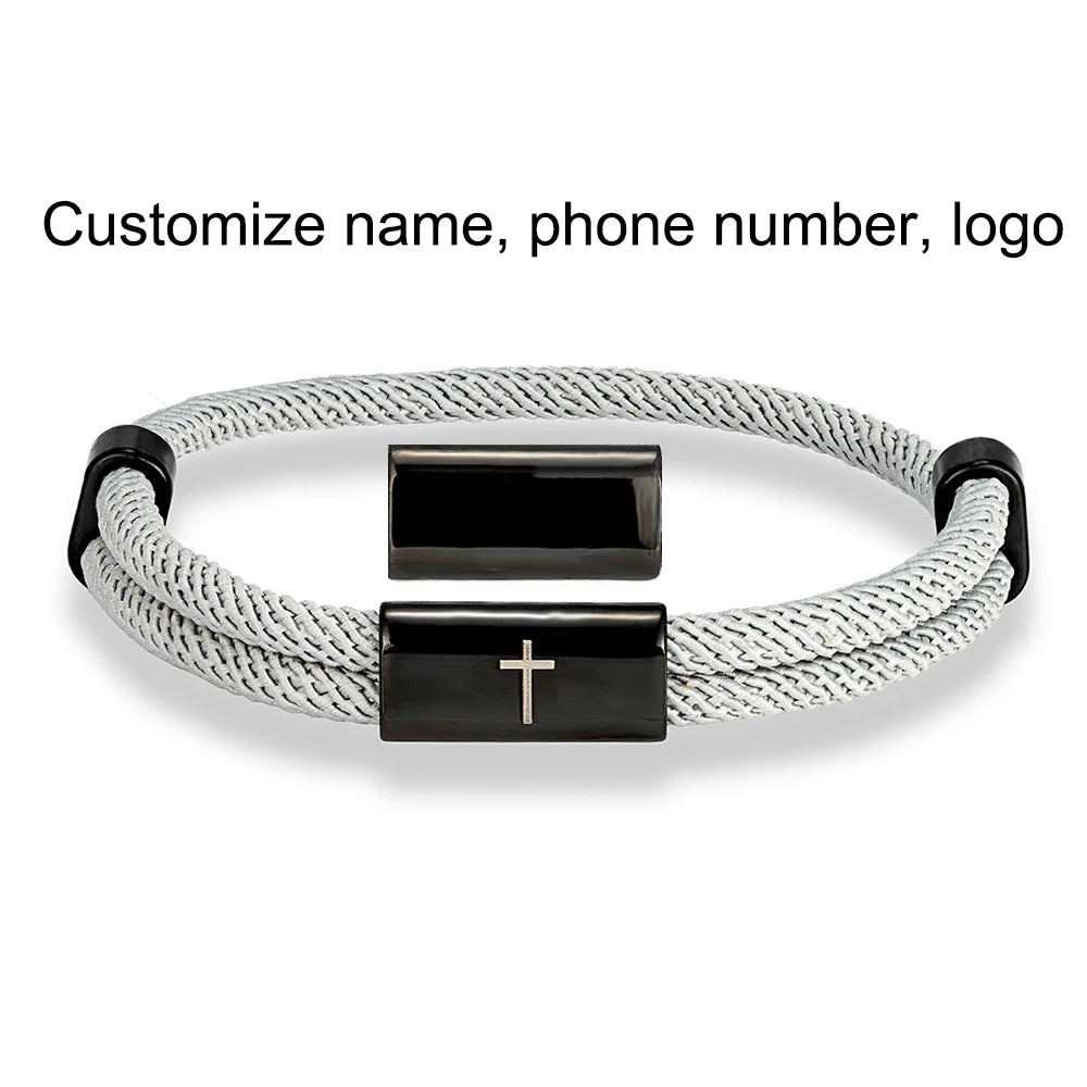 MKENDN Charm Rope Bracelet Cross Black Stainless Steel Bracelets Handmade Men Women Prayer Fitness Chain Couple Jewelry Gift