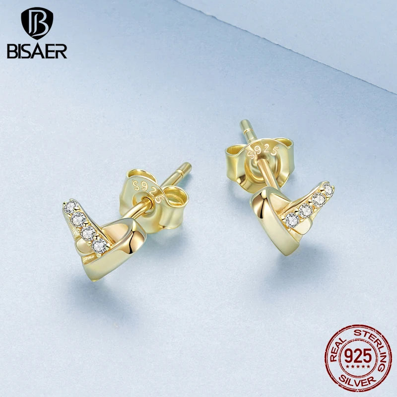BISAER Heart Gold 18K Stud Earring,925 Sterling Silver Hypoallergenic Dainty Lightweight Studs Ear For Woman Party Fine Jewelry