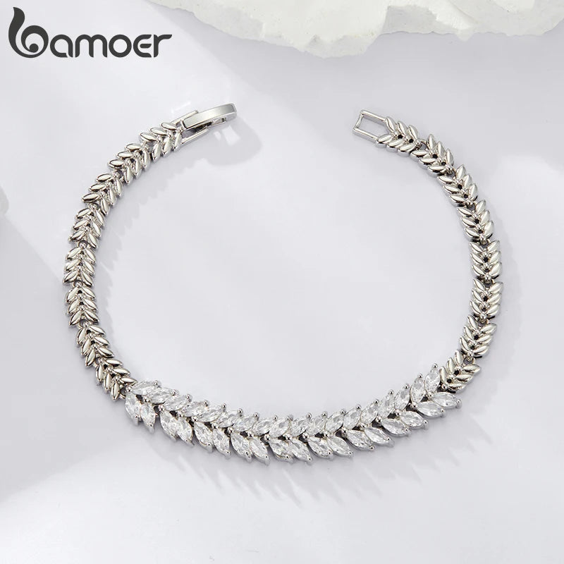 Bracelet classique en forme de feuille en zircone cubique scintillante plaqué or blanc BAMOER, bracelets en or pour femmes, bijoux tendance YIB067