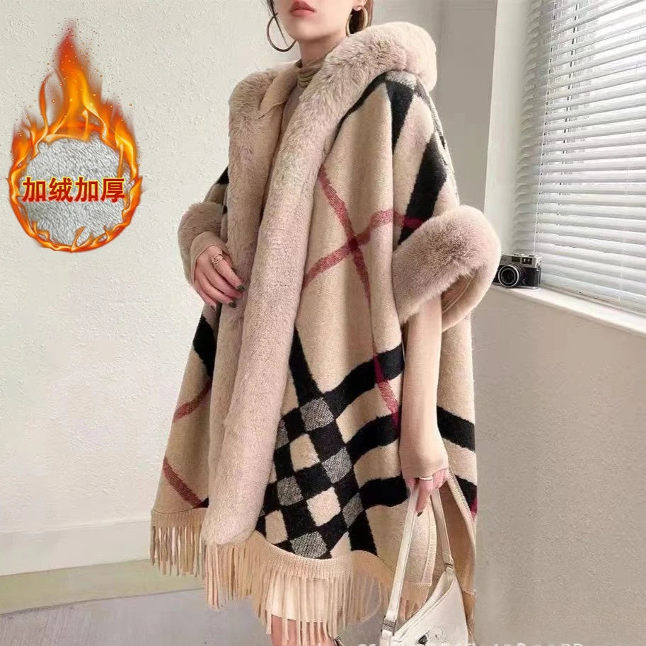Faux Rabbit Fur Capes Coats Women Plaid Poncho Jackets Tassel Hooded Batwing Sleeves Open Stitch Loose Casual 2025 Autumn Winter