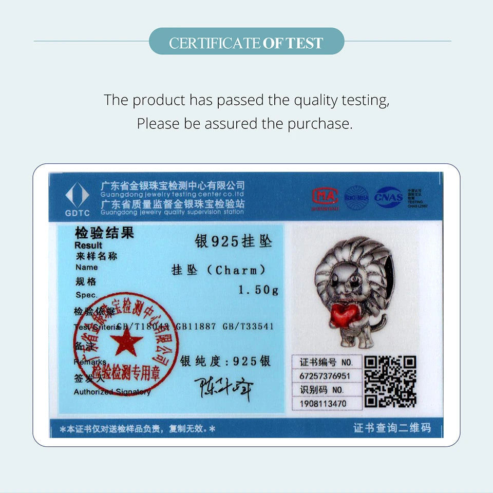 Bamoer Löwenanhänger aus 925er Sterlingsilber mit rotem Herz und Zirkonia-Perlen – niedliche Tierperlen für Damenarmbänder, DIY-Geschenkidee