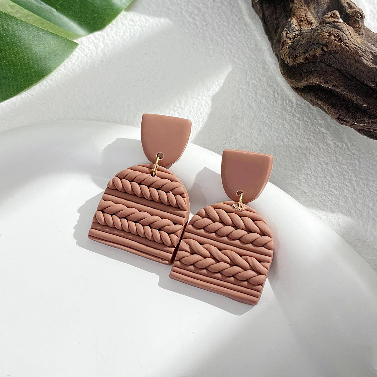 AENSOA Handmade Wooden Braided Polymer Clay Earrigns for Women Multicolor Unusual Knited Heart Geometric Drop Earrings Jewelry