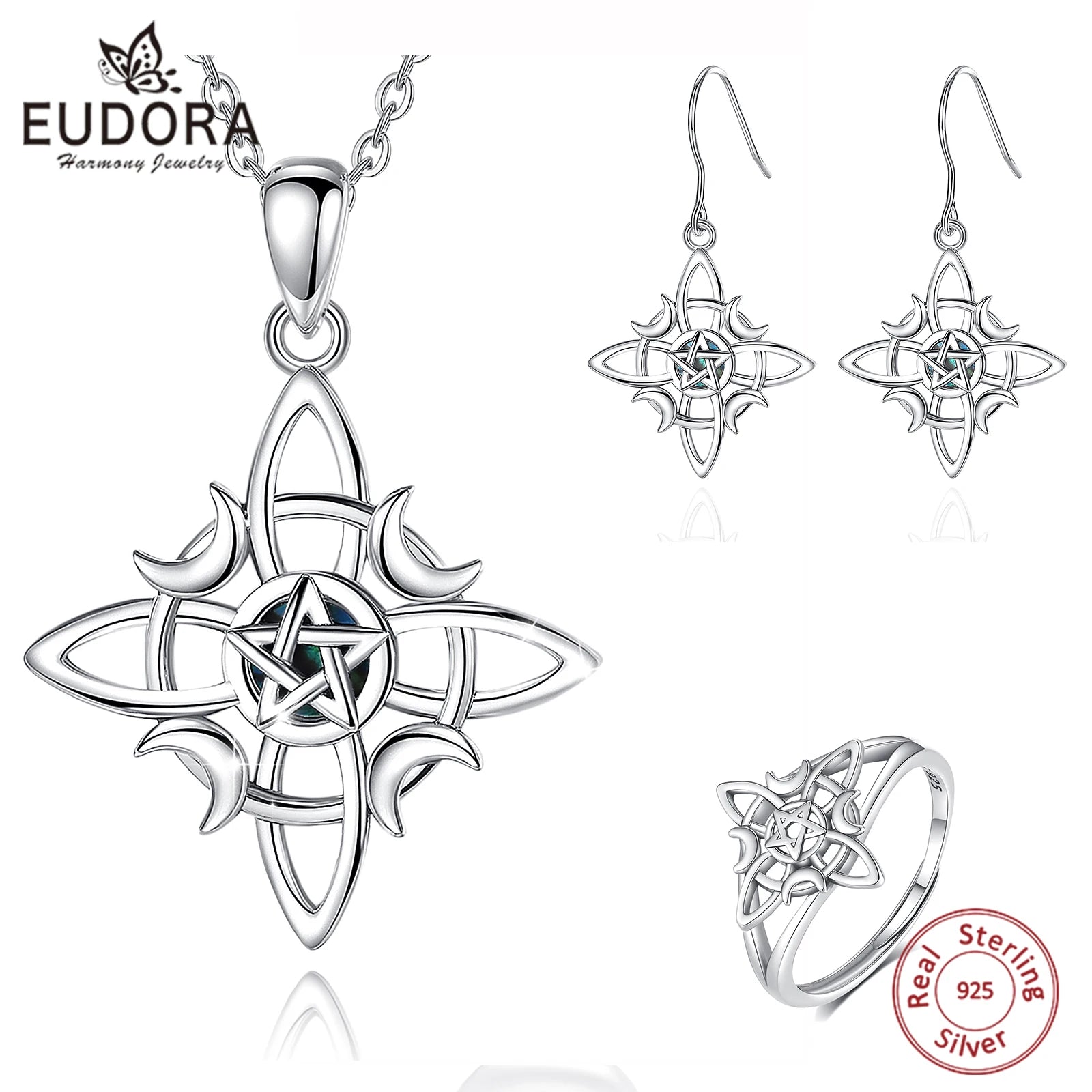 Eudora 925 Sterling Silber Hexenknoten Schmuckset Mond Wicca Amulett Halskette Armband Ohrringe &amp; Ring Feines Geschenk für Frauen