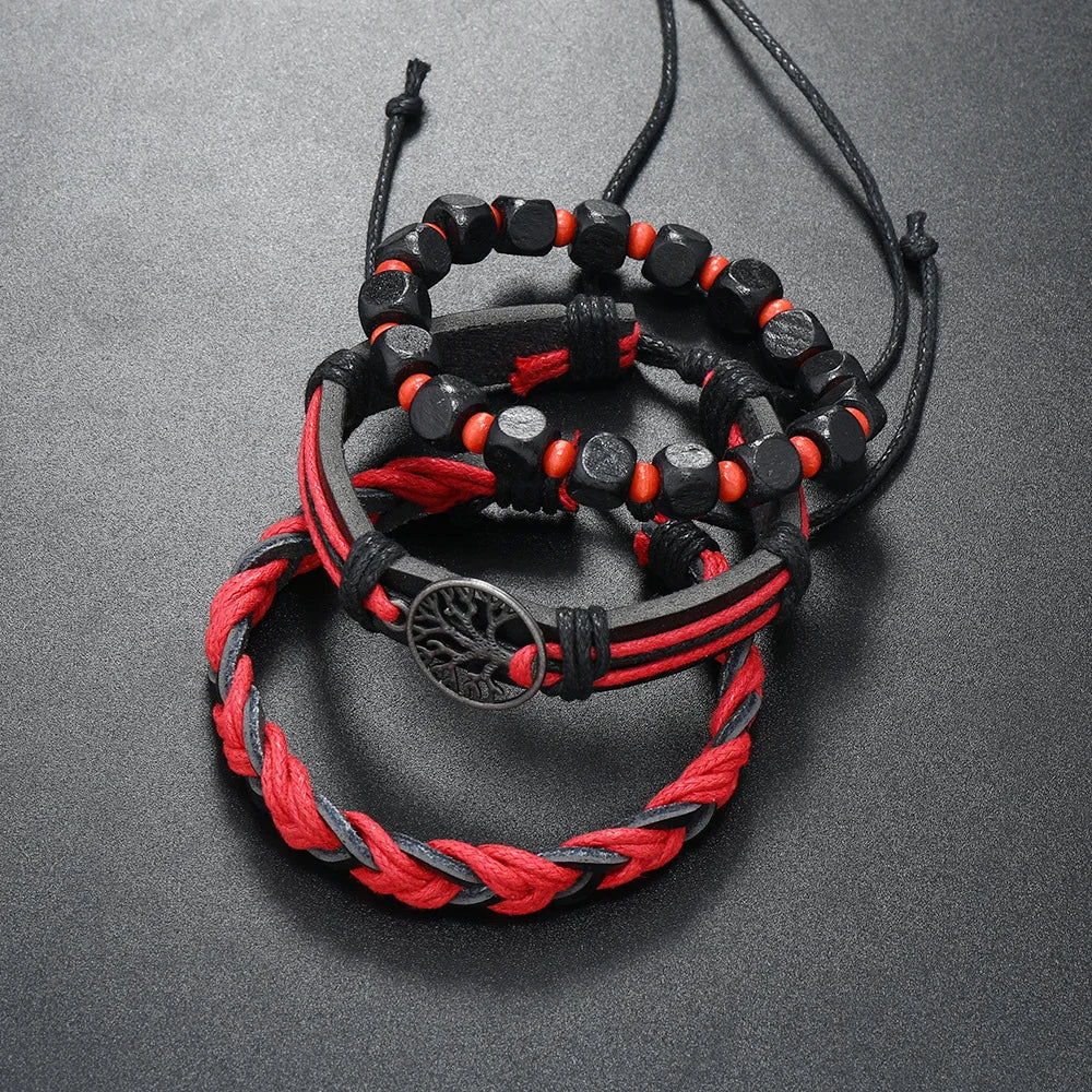 3Pcs/ Set Braided Wrap Leather Bracelets for Men Vintage Life Tree Rudder Charm Wood Beads Ethnic Tribal Wristband Rope Bracelet