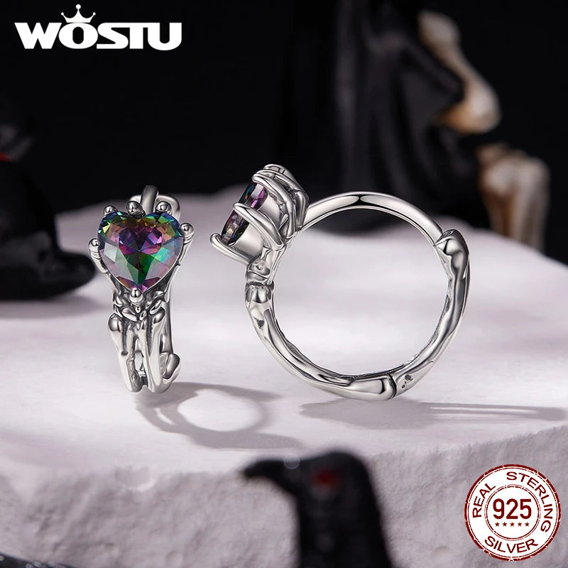 WOSTU 925 Sterling Silver Heart Rainbow Gems Gothic Huggies Earrings For Women, Skeleton Hand Punk Hoop Earring Halloween Gift
