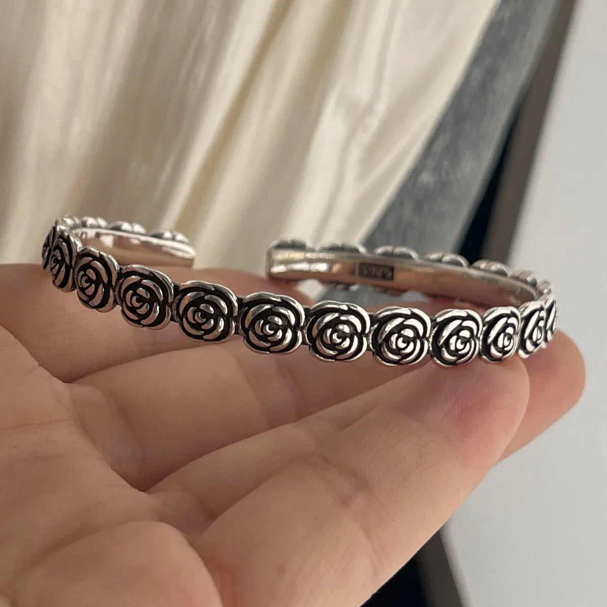 100% Solid 925 Sterling Silver Retro Bracelet for Women Men Vintage Handmade Flower Patern Bracelet Birthday Gift