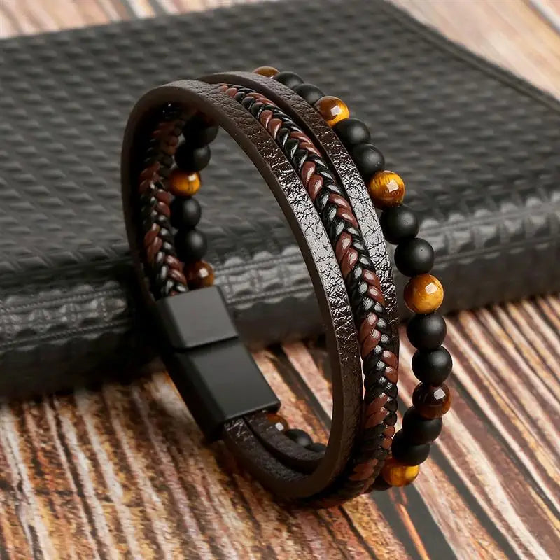 Jiayiqi New Leather Bracelet Men Classic Fashion Tiger Eye Beaded Multi Layer Leather Bracelet For Men Jewelry Gift Dropshipping
