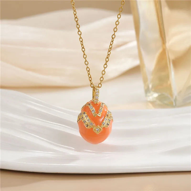 Fashion Easter Egg Enamel Zircon Pendant Necklace Stainless Steel Chains Geometric Choker Jewelry Gifts For Women Girls