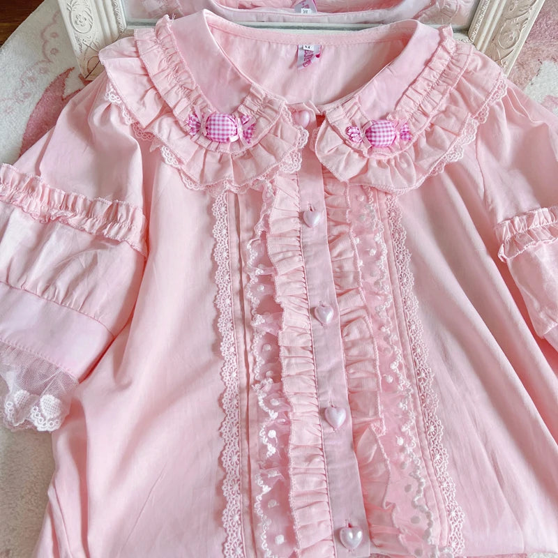 Japanese Soft Girls Lolita Shirt Sweet Lace Ruffles Heart Button Pink Candy Kawaii Blouses Women Peter Pan Collar Blusas Mujer