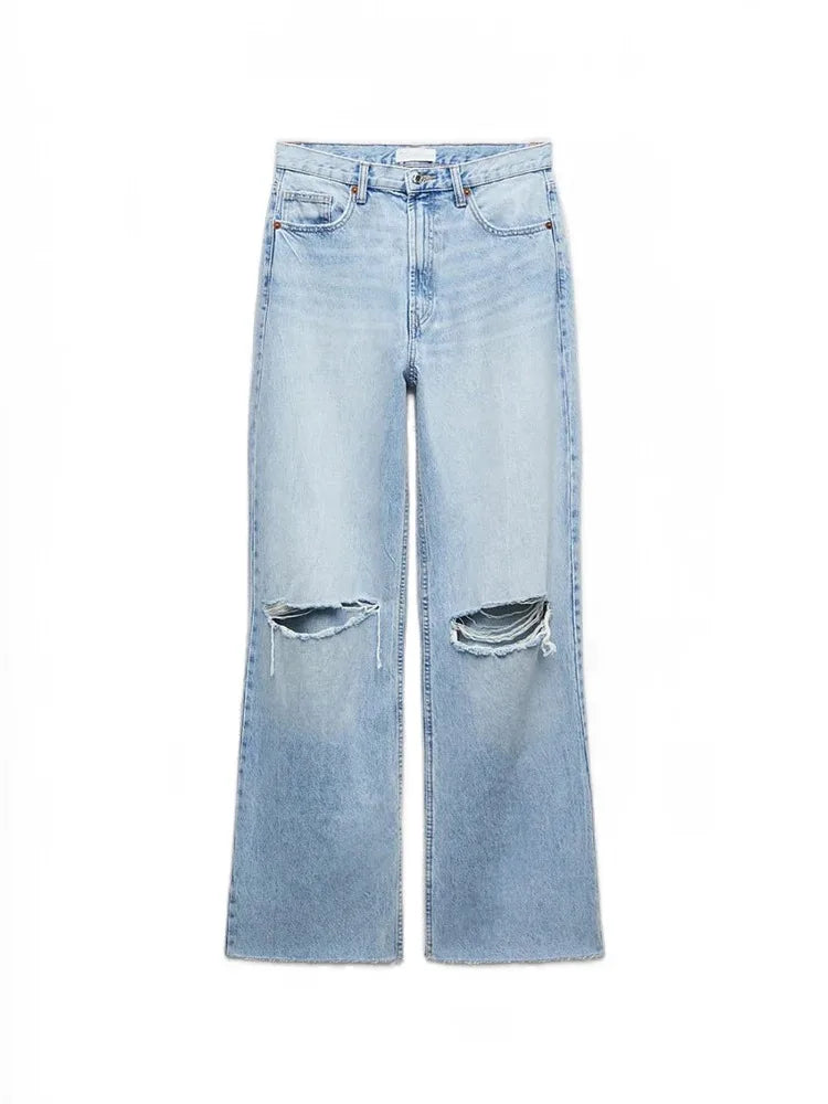 Women's loose hole decoration high-waisted jeans Fashion versatile wide-legged trousers Elegant fashion women's clothing