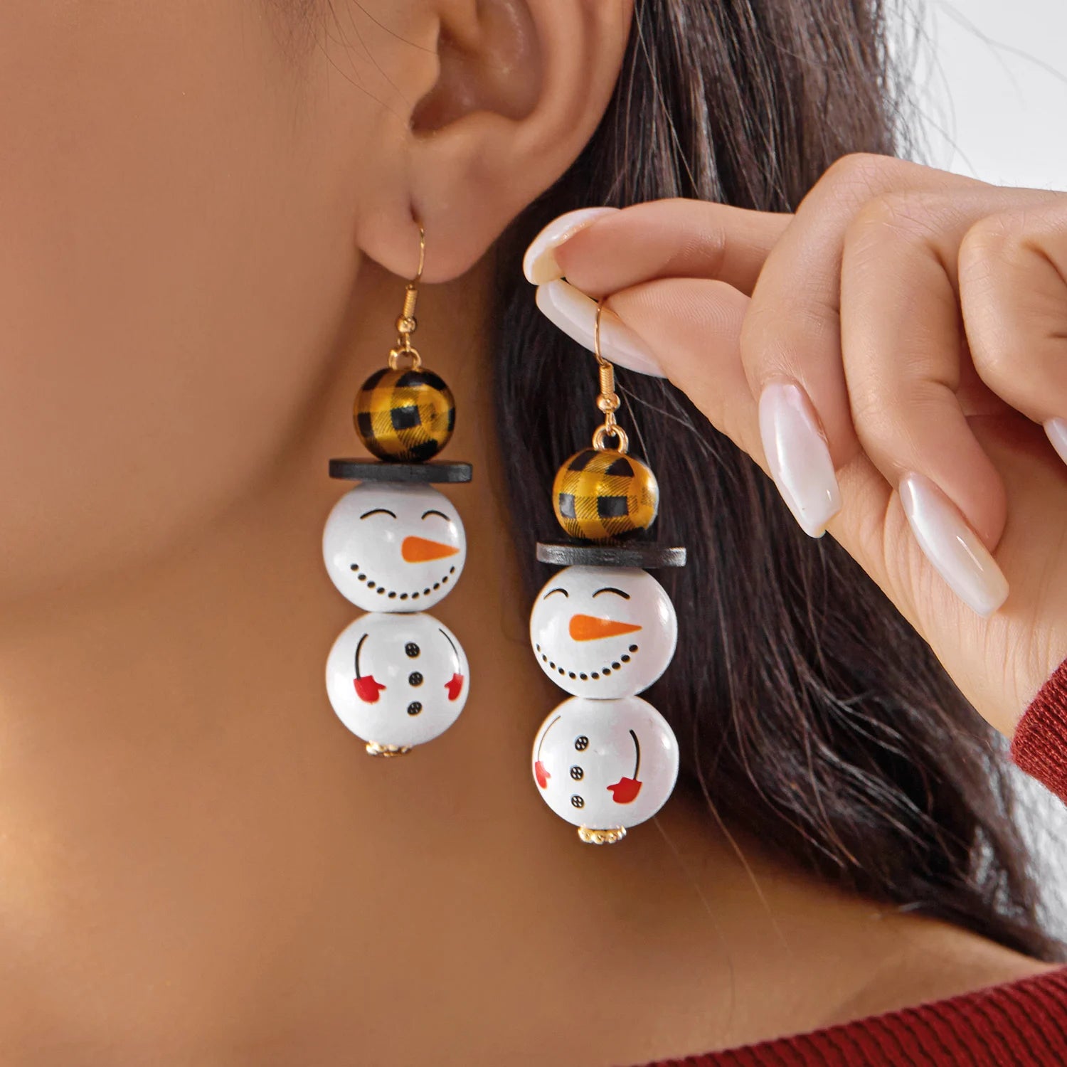 Cartoon Wooden Snowman Dangle Earrings For Women Wear A Hat Cute Santa Claus Wood Beads Earring Christmas Party New Year Gifts