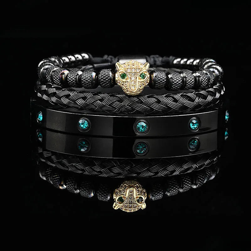 Luxury Black Stone Beads Leopard Head Man Bracelet Enamel Stainless Steel Roman Bangles Women Jewelry Set