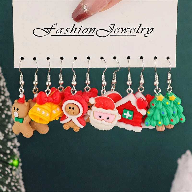 6 Pairs Colorful Christmas Cartoon Dangle Earrings Set For Women Girls Cute Santa Claus Snowman Elk Resin Drop Earring Jewelry