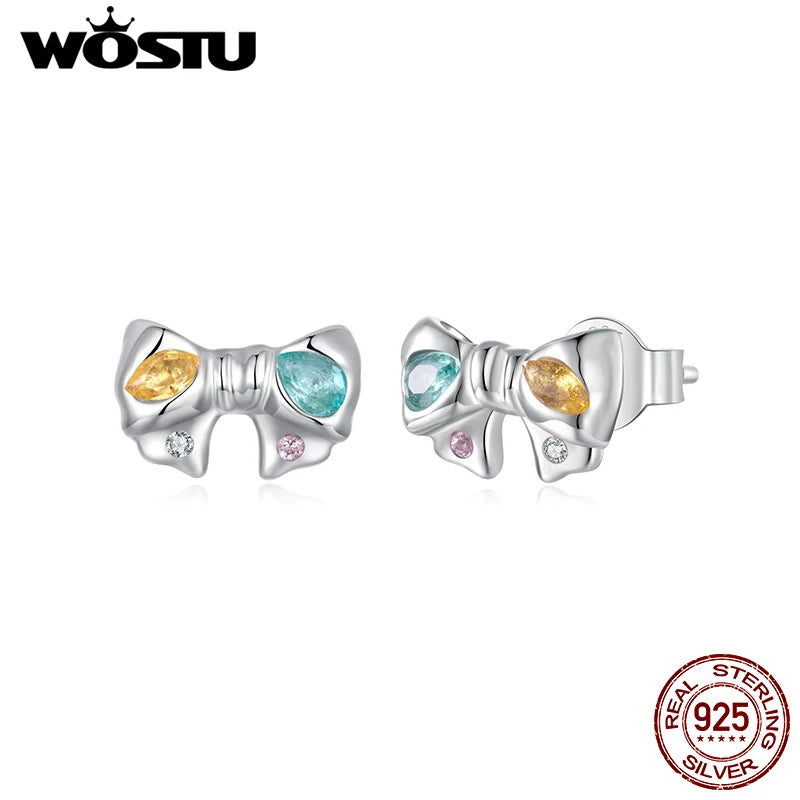 WOSTU Real 925 Sterling Silver Candy Colorful CZ Bow Stud Earrings For Women Sweet Ear Studs Birthday Gift For Girl