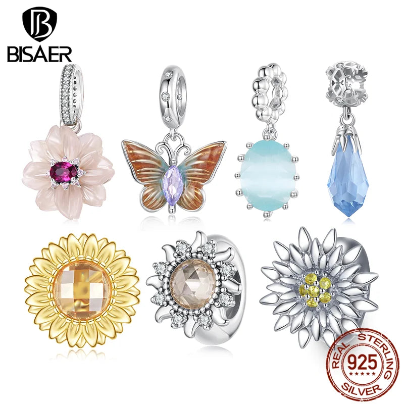 BISAER 925 Sterling Silver Butterfly Charm Eternal Flower Pendant Sun Silicone Spacer Beads for Women DIY Bracelet Fine Jewelry