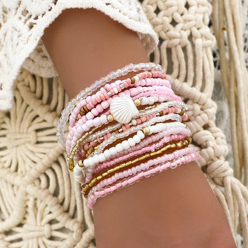 17/10Pcs Elastic Beaded Bracelets Bohemian Colorful Beads Stretchy Strand Chain Bangle Girls Summer Beach Party Vacation Jewelry