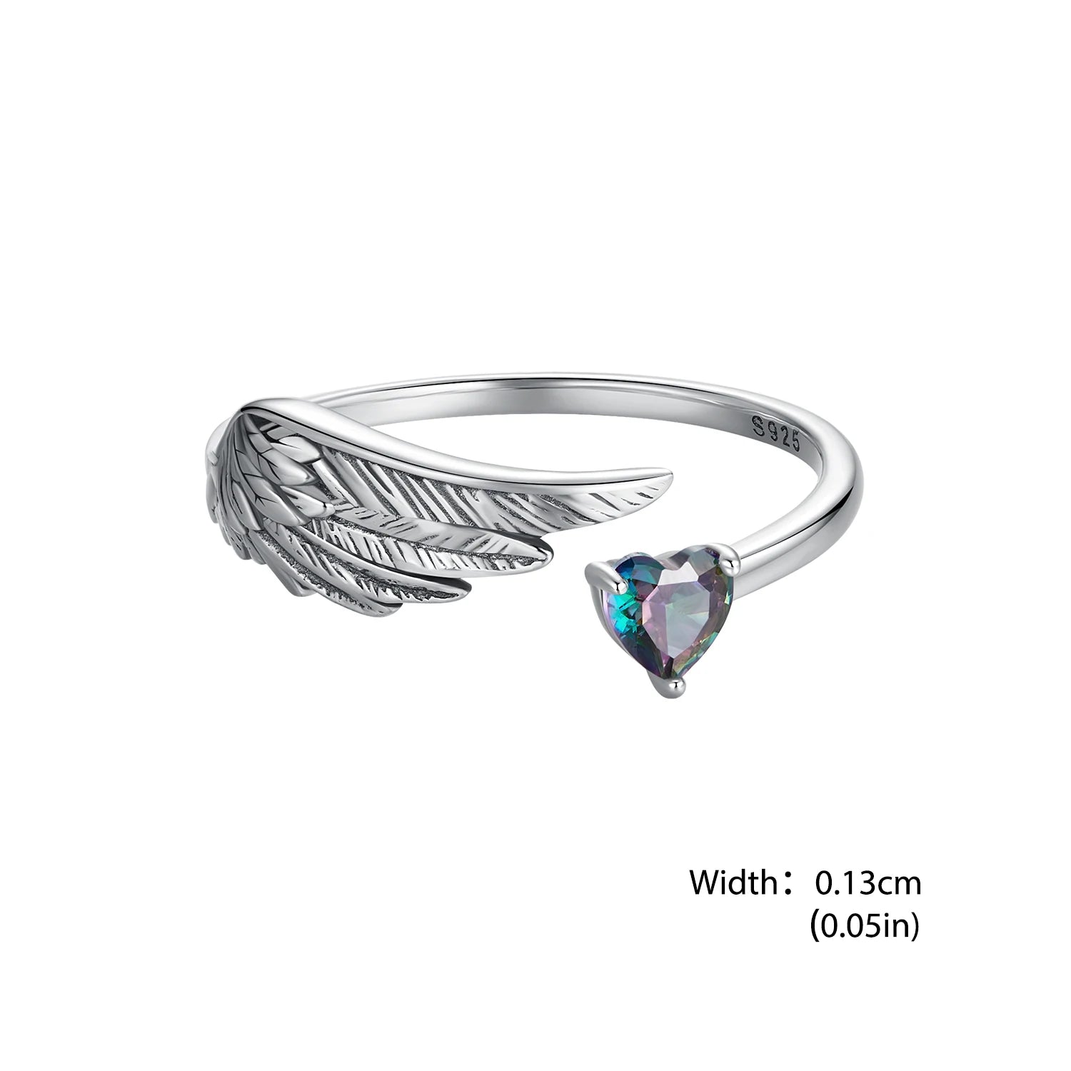 BISAER 925 Sterling Silver Wing Open Ring Heart Zircon Statement Band Adjustable 18K Gold-Plated for Women Party Fine Jewelry