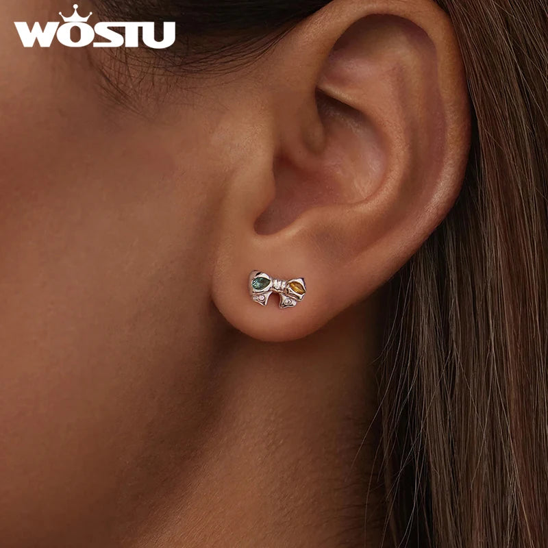 WOSTU Real 925 Sterling Silver Candy Colorful CZ Bow Stud Earrings For Women Sweet Ear Studs Birthday Gift For Girl