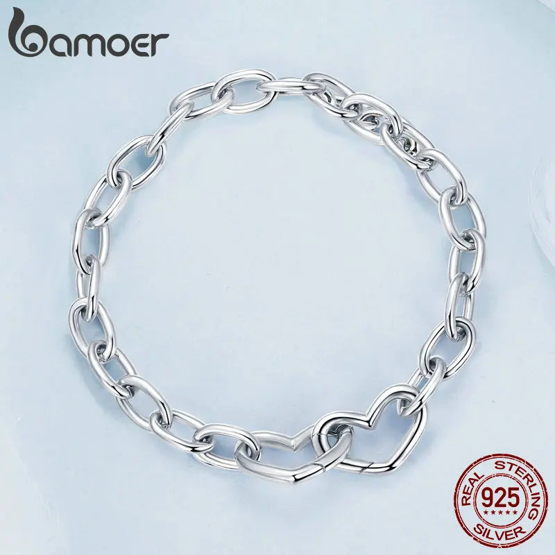 BAMOER 925 Sterling Silver Double Hearts Clasped Bracelets for Women Lady's DIY Pendent Charm Cuff Adjustable Bracelets BSB172