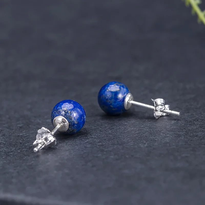 MKENDN New 100% 925 Sterling Silver Earrings Men Women Vintage Natural Stone Stud Earrings With Lapis Lazuli Personality Jewelry - Madeinsea©