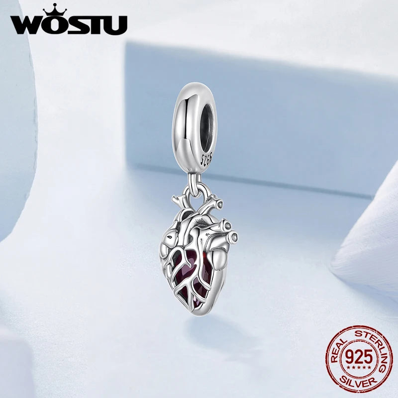 WOSTU 925 Sterling Silver Anatomical Skull Charms Red Heart Pendant Murano Glass Beads for Bracelet Making, DIY Jewelry Findings