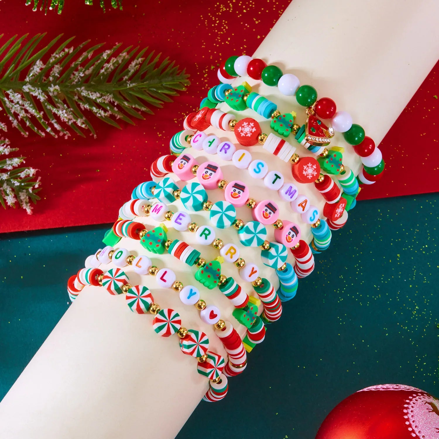 10 Pcs Christmas Crystal Beaded Stackable Bracelet For Women Santa Claus Xmas Tree Snowflake Letter Beads Bangle Party Jewelry