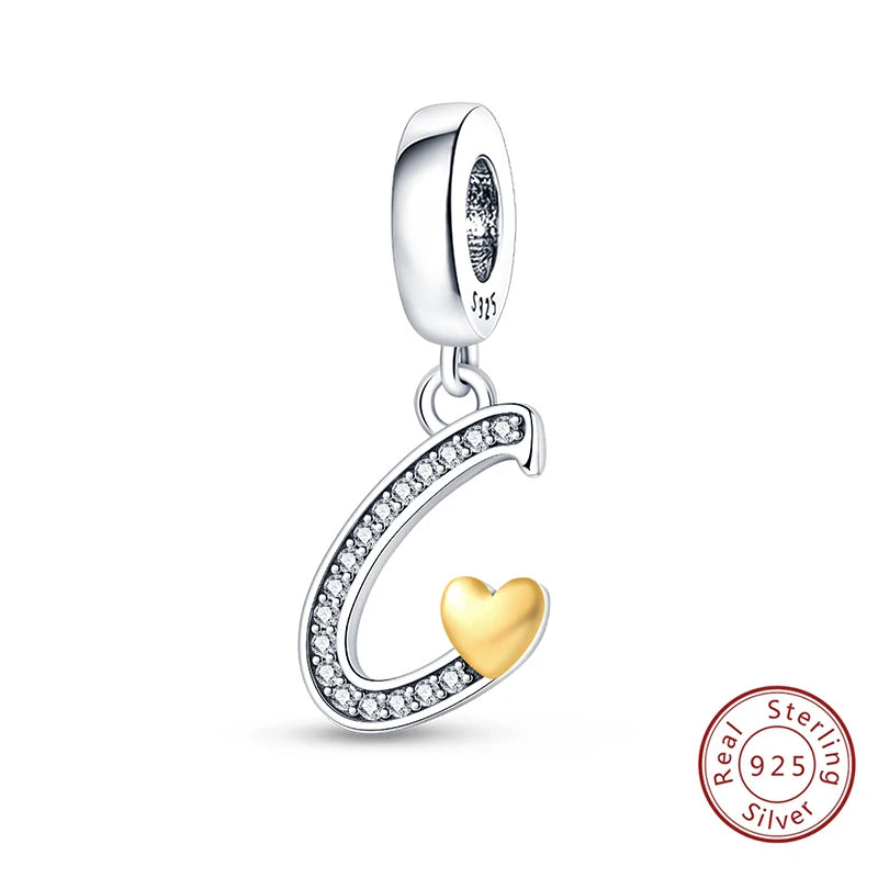 Classic 925 Sterling Silver 26 Gold Color Heart Zircon Letter A-Z Charms Beads Fit Original Bracelets DIY Birthday Jewelry Gift