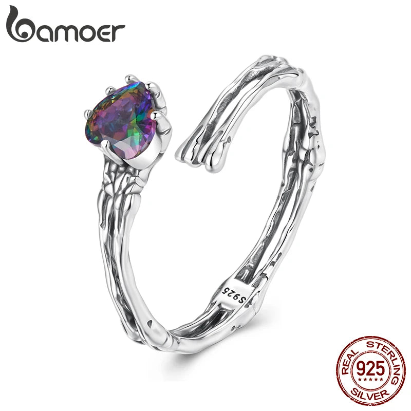 Bamoer 925 Sterling Silver Skull Hand Open Ring Adjusable Rainbow Heart Ring Double-layer for Women Halloween Punk Jewelry Gift