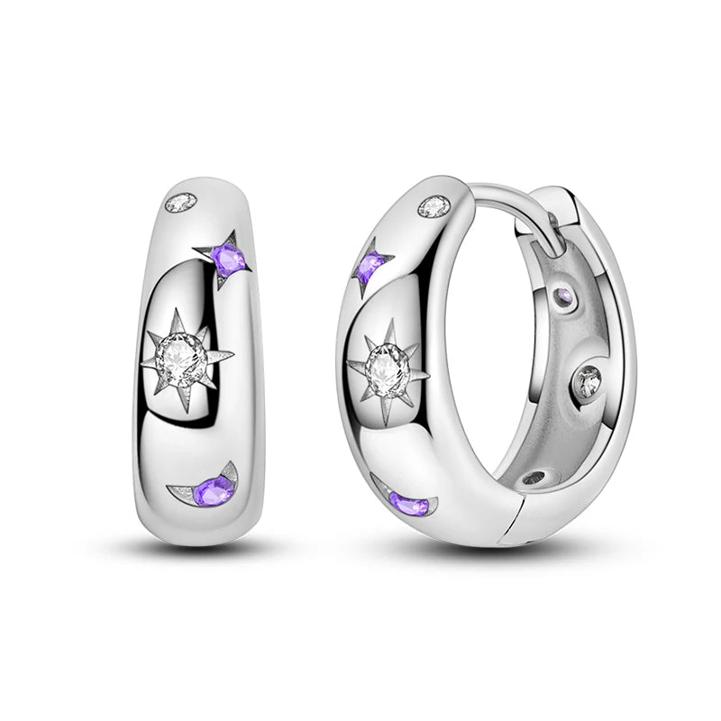 Original Cute 925 Silver Sparkling Colorful Zircon Pink Heart Shape Star Moon Earrings For Women Wedding Engagement Jewelry Gift