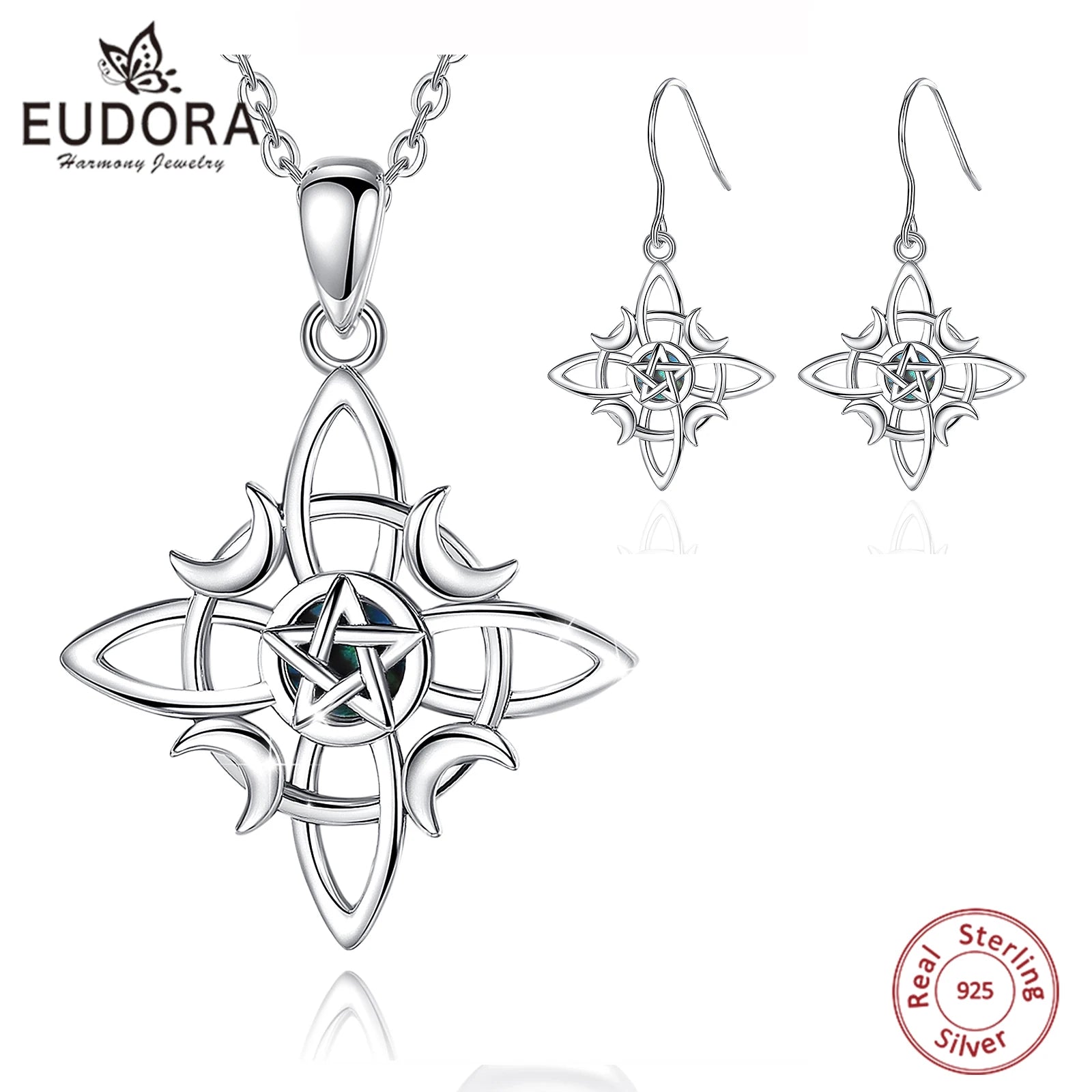 Eudora 925 Sterling Silber Hexenknoten Schmuckset Mond Wicca Amulett Halskette Armband Ohrringe &amp; Ring Feines Geschenk für Frauen