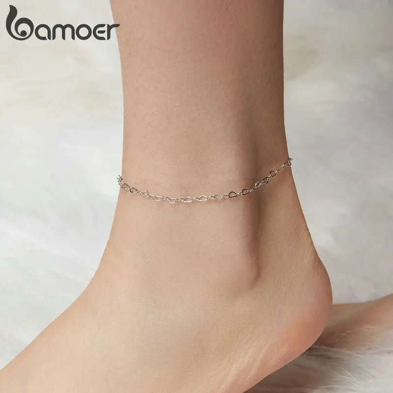 Bamoer 925 Sterling Silver Heart Chain Anklet Simple Chain Foot Jewelry for Women White Gold Plated Summer Jewelry BST007