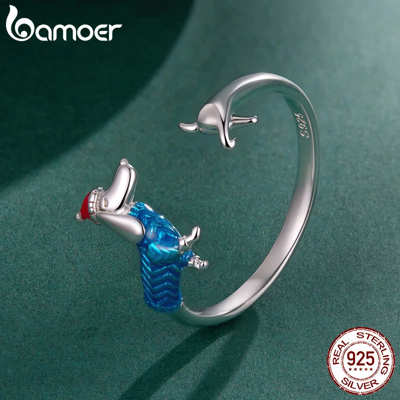 Bamoer 925 Sterling Silber Süßer Weihnachtsring mit Dackelmotiv, offener Ring, verstellbar, farbenfroh, für Damen und Teenager, schönes Weihnachtsgeschenk