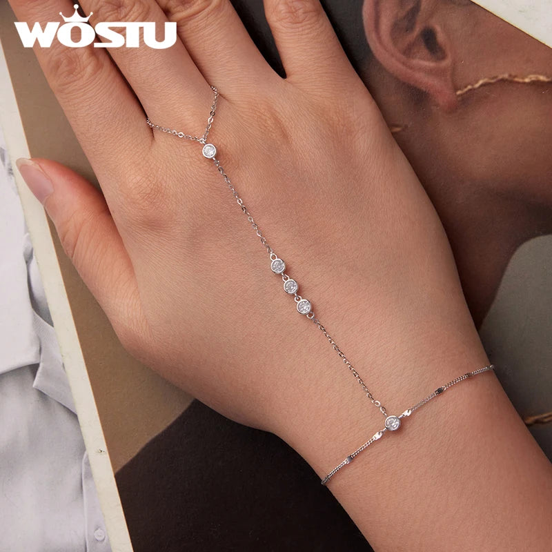 WOSTU 925 Sterling Silver Ring Chain Bracelet Star  White Gold Elegant Original for Women Adjustable Lucky Gift Fine Jewelry